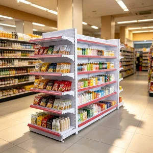 Heavy Duty Double Sided Supermarket Gondola Shelving 4-Tier Industrial Retail Display Rack for Use
