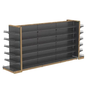 Heavy Duty Double Sided Supermarket Rack Grocery Store Shelf Gondola Stand Metallic Gondola Equipment Custom Logo