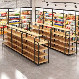 Heavy Duty Double Sided Supermarket Shelves Steel Wood Super Shelves Retail Display Gondola Shelving Rack for Shop