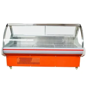 Heavy Duty Dual Compressor LED Lit Stainless Steel Deli Display Chiller Panoramic Curved Glass Showcase Cabinet for Supermarket