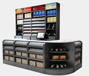 Heavy Duty Foldable Metal & Wood Wall-Mounted Gondola Checkout Counter Shelf for Supermarkets and Retail Stores