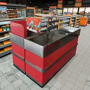 Heavy Duty Iron PU Wheeled Supermarket Cash Desk Checkout Counter Cashier Table Customized for Retail Stores