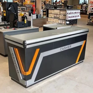 Heavy Duty Iron PU Wheeled Supermarket Cash Desk Checkout Counter Cashier Table Quick Installation for Retail Stores