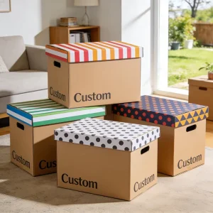 Heavy-Duty Large Storage Bin with Lid High Capacity Striped Basket Sturdy Corrugated Board Portable UV Coating