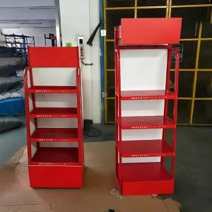 Heavy Duty Metal 4-Tier Floor Standing Supermarket Display Rack with Top Billboard and Retail Shelf