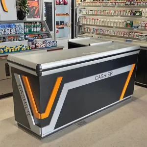 Heavy Duty Metallic Iron Frame Solid Shelf Freestanding Cashier Desk Adjustable Width PU Wheels Quick 3 Tier Supermarkets