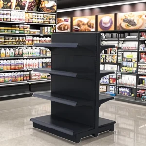 Heavy Duty Metallic Steel Supermarket Shelves Double Sided Freestanding Solid Shelf Retail Grocery Store Display Stand Epoxy