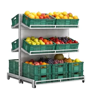 Heavy Duty Plastic Display Crate with Angled Front Stackable Merchandising Bin for Grocery Produce Fruits Vegetables