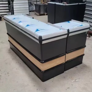 Heavy Duty Supermarket Checkout Corner Counter for Retail Store Wood Steel Metal Cash Register with Powder Coating Finish
