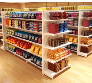Heavy-Duty Wood & Metal Gondola Shelving With 5 Shelves For Supermarket Display