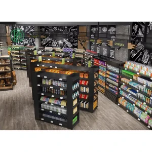 High Quality Black Gondola Shelving Supermarket Metal Shelves for Snacks Display
