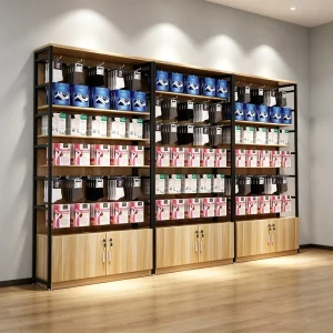 High Quality Heavy Duty Single Sided Steel Wooden Display Stand Boutique Cosmetic Gondola Shelving Supermarket Shelf
