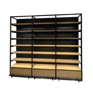 High Quality Wooden Metal Gondola Rack Supermarket Wood Display Shelf Single Side Shelving