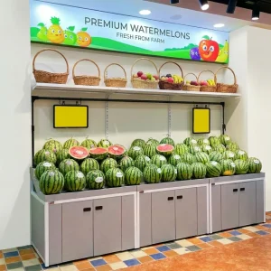 High quality Steel wood Structure Display Shelves Fresh Fruit and Produce Column Shelves for Supermarket Fruit Stores