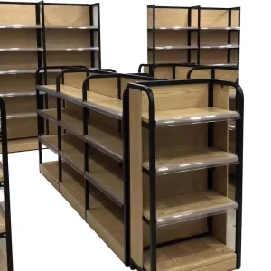 High quality Supermarket Shelving Four post Wooden Grain Style Double ended Store Display Rack Shelves for Retail Store