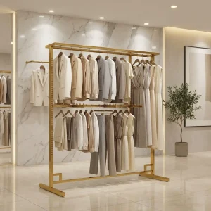 High quality stainless steel garment stand gold clothing display floor standing furniture clothing shop display rack