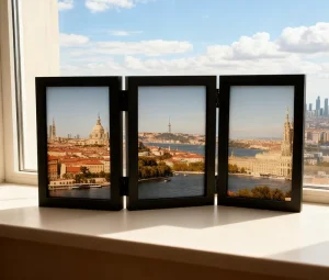 Hinged Wooden Plate Stand with Photo Slot for Display and Decoration