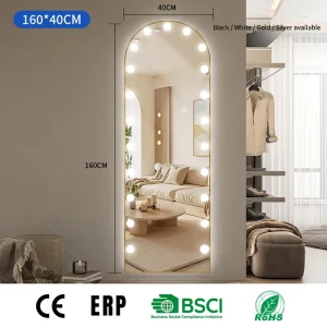 Holly Wood Full-Length Dressing Mirror 40x160cm Arched Gold Metal Frame Freestanding Touch Switch LED Bulbs for Bedroom