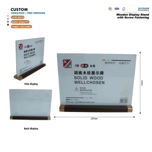 Horizontal Desktop Sign Holder Smooth Walnut Wood and Acrylic Table Card Display for Retail Stores