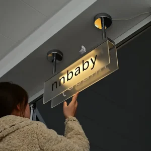 Indoor Aisle Suspended Ceiling with Double-sided Frosted Acrylic Illuminated Advertising Signs and Customized Hanging Tags