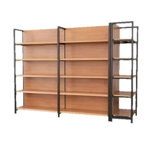 Iron Four-column Display Rack for Supermarket Convenience Store Stationery Maternal Infant Stores Wood Grain Finish