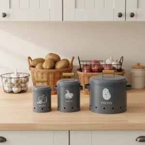 Iron Metal Eco-friendly Classic Multifunction Food Storage Box 3 Sizes Shape Lid Potato Onion Garlic Freshness Preservation