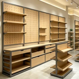 Japandi Wood and Metal Modular Retail Wall Shelving with Pegboard Panel Adjustable Display Shelf System for Boutique Store