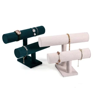 Jewelry Burlap Bangle Linen Solid Wood Watch Display Rack Bracelet Holder Display Stand 2 Tier White Velvet Bracelet Display