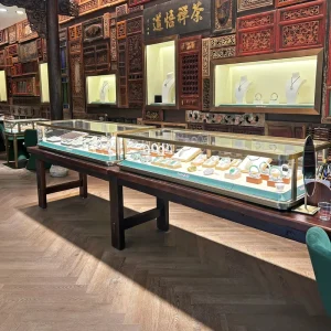 Jewelry Store Interior Design Custom Stainless Steel Tempered Glass Jewelry Store Exhibition Showcase Cabinet Custom Color Size