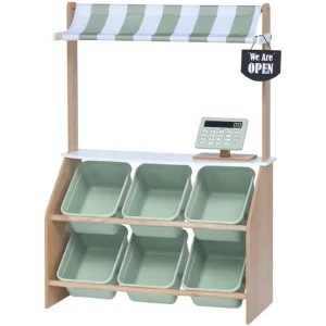 Kids Wooden Farmer’s Market Stand with Pretend Cash Register and 6 Plastic Storage Bins Green