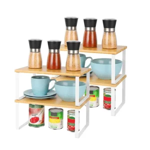 Kitchen Cabinet Extendable Seasoning Jar Bottle Organizer 4 Pack Bamboo Stackable Spices Shelf for Pantry Store