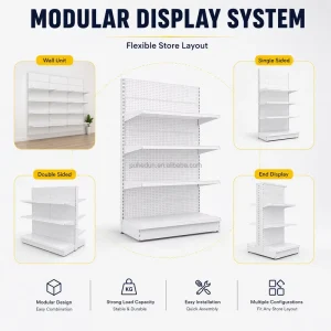 Knock Down Metal Supermarket Shelf With Pegboard Back Panel Adjustable Display Shelves For Retail Stores