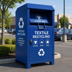 Knock Down Textile Recycling Container Galvanized Steel Clothes Shoes Collection Bin Custom Logo Flat Pack for Export Projects