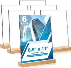 L T Acrylic Sign Holder with Wood Base Vertical or Slant Back Display for Store Office