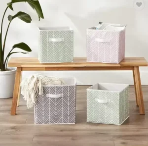 Large 2-Pack Herringbone Foldable Three-Layer Country Style Cube Storage Bins Polyester Fabric Organizer Boxes Rope for Clothes