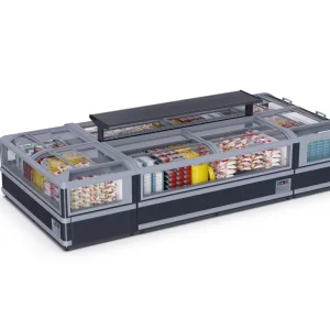 Large Capacity Supermarket Island Freezer with Overhead Shelf Sliding Glass Top Frozen Food Display Merchandiser