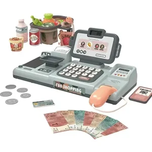 Large Cashier Toy Cash Register Pretend Play Set for Kids Supermarket Toy with Scanner Calculator Microphone Grocery Food
