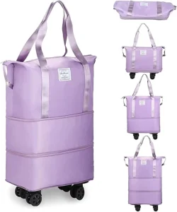 Large Foldable Rolling Polyester Duffle Bags with Zipper Closure and Spinner Wheels for Weekend Use