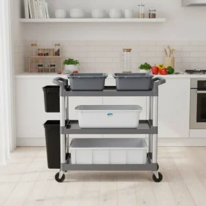 Large Heavy Duty Hotel Kitchen Utility Cart Adjustable Handle 4-inch Silent PP+Aluminum Wheels 150 Lb Capacity For Cleaning