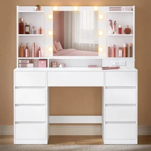 Large Storage MDF Makeup Vanity Table with LED Standing Adjustable Brightness Mirror Eco Friendly Bedroom Dresser for Apartment