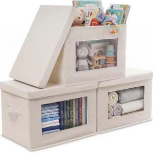 Large Transparent Foldable Fabric Storage Bins Lid Stackable Cube Design Soft Handles 35L Capacity for Clothes Blankets