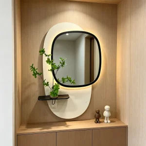 Large Wall Decor Mirror with LED Light for Entryway Decorative Mirrors Green Plant Wall Hanging Vase Wall Art for Bathroom