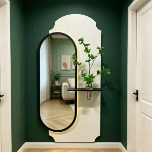 Large Wall Decorative Mirror with LED Light for Entryway Full Length Mirrors Green Plant Wall Hanging Vase Wall Art for Bathroom
