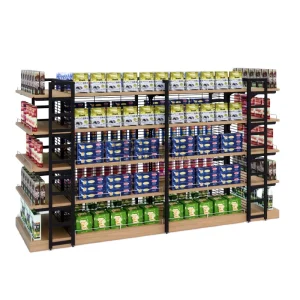 Light Duty Wood Metal Supermarket Gondola Shelving 5 Shelf Adjustable Design Quick Installation Durable Grid Structure