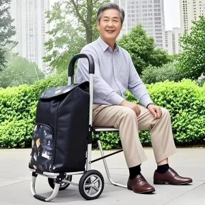 Lightweight Aluminum Shopping Cart with Stair Climbing Wheels Foldable Grocery Trolley with Seat