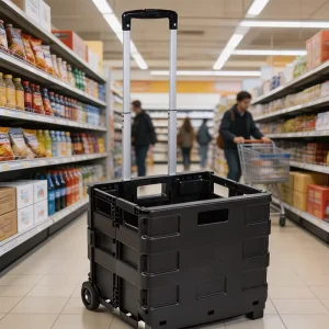 Lightweight Foldable Plastic Rolling Shopping Trolley Cart With Telescopic Handle Portable Collapsible Storage Crate Cart