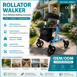 Lightweight Foldable Rollator Walker Shopping Bag One Second Folding CE Certified Height Adjustable Aluminum Mobility Walking