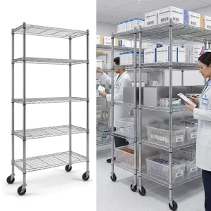 Lockable Wheeled Chrome Wire Shelving 5 Layer Heavy Duty Storage Cart for Medical Clinic Restaurant Warehouse Retail