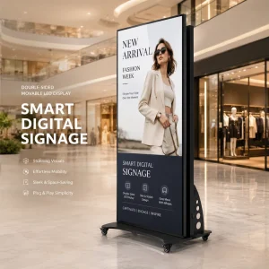 Long Lasting Waterproof Indoor LED Digital Advertising Totem Double Sided Movable Full Color 800CD 3840Hz Display Stand