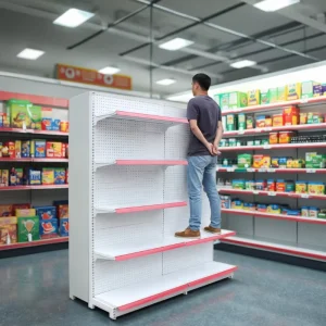 Low MOQ Custom Heavy Duty Iron Metal Perforated Retail Shelf Display Supermarket Gondola Shelving Rack Storage Shelves